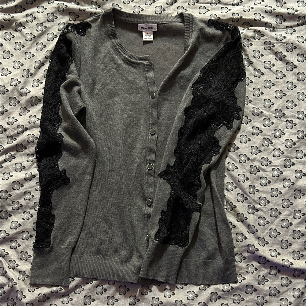 Anna Sui Gray Cardigan with Black Lace Details